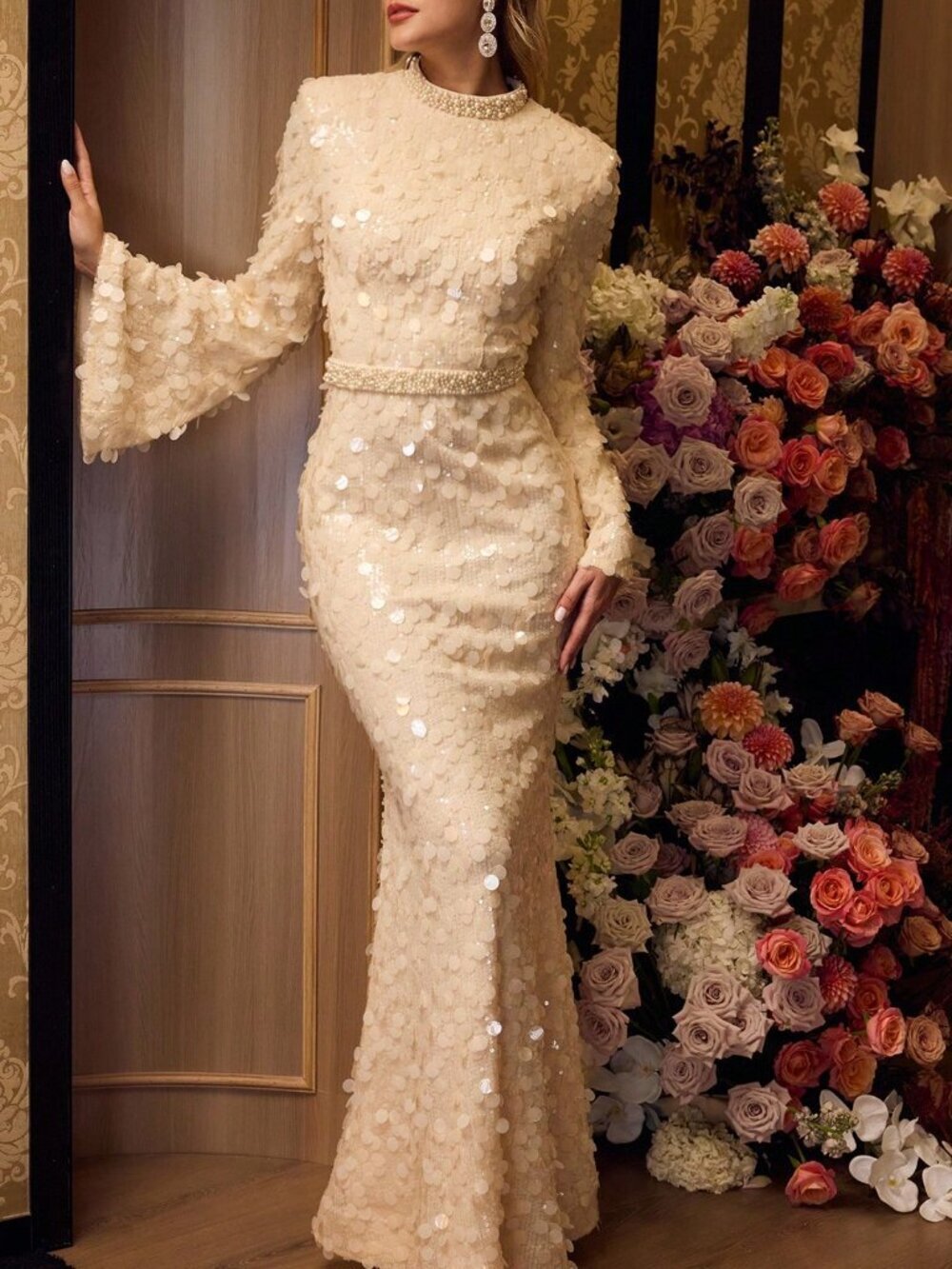 Apricot Elegant Women's Mock Neck Luxury Mermaid Formal Dress with Pearl Details - Picture 5 of 6